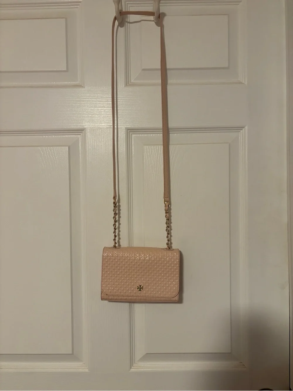 Tory Burch Blush Marion Embossed Crossbody with Gold Chain and Accents